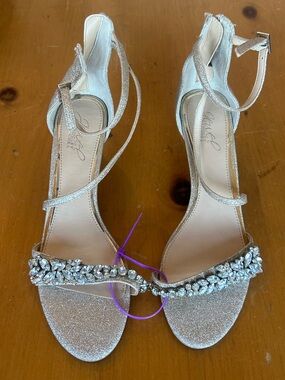 Jewel Badgley Mischka Silver Crystal Embellished Ankle-Strap Heels